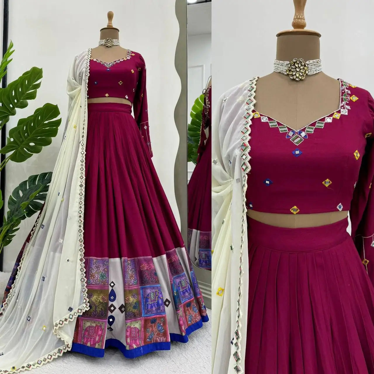 Mulberry Pink Rayon Digital Print With Real Mirror Work Navratri Lehenga