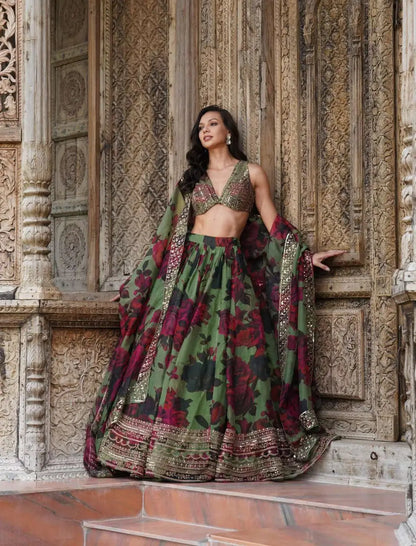 Greyish Green Floral Print With Embroidery Work Lehenga And Dupatta
