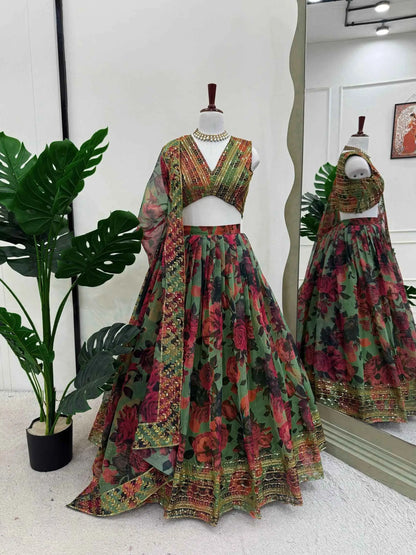 Greyish Green Floral Print With Embroidery Work Lehenga And Dupatta