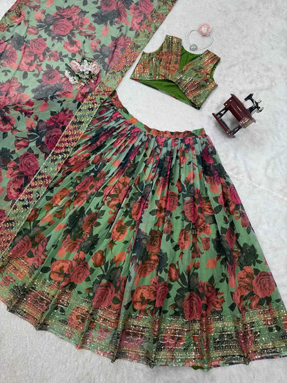 Greyish Green Floral Print With Embroidery Work Lehenga And Dupatta