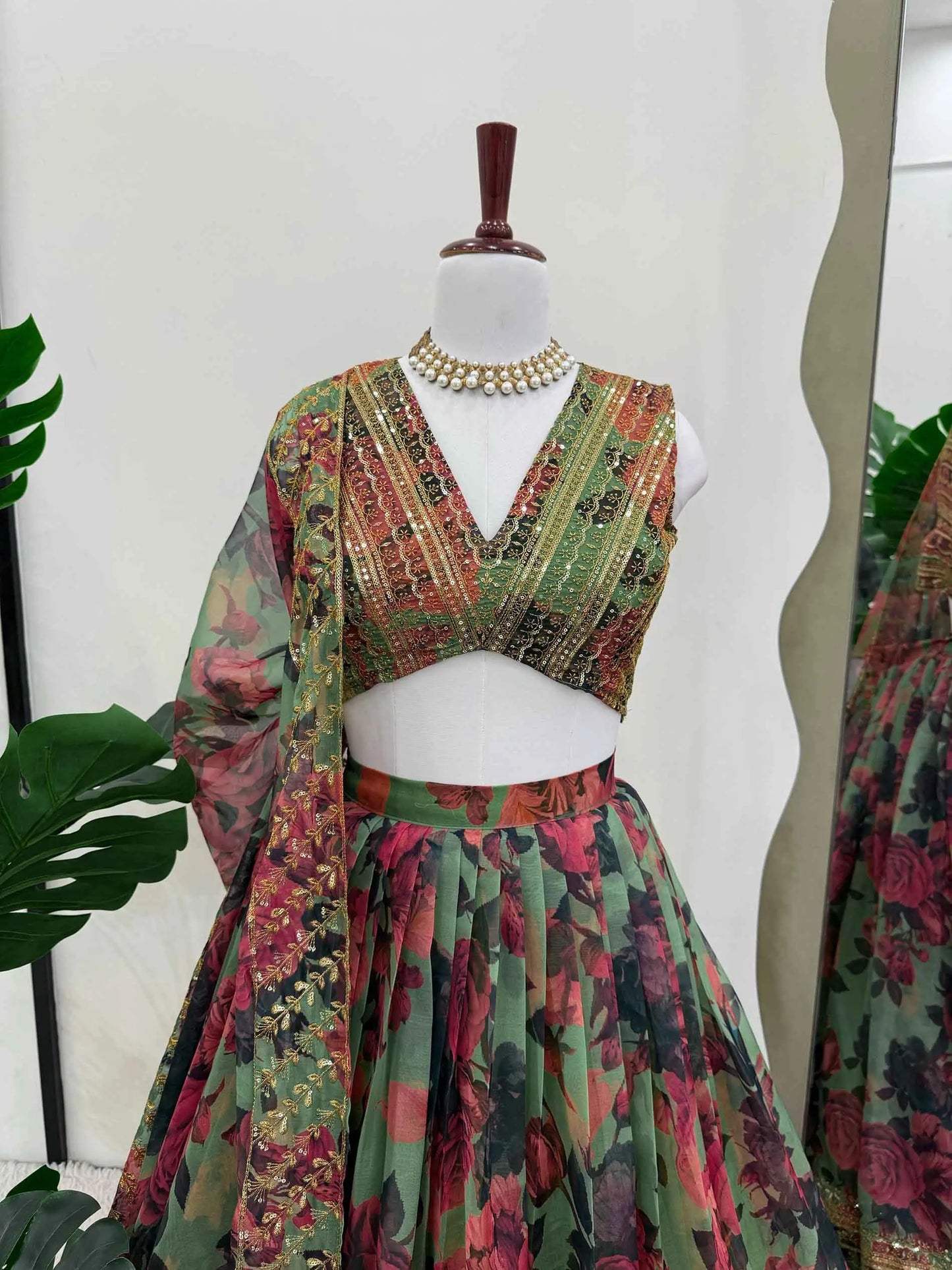 Greyish Green Floral Print With Embroidery Work Lehenga And Dupatta