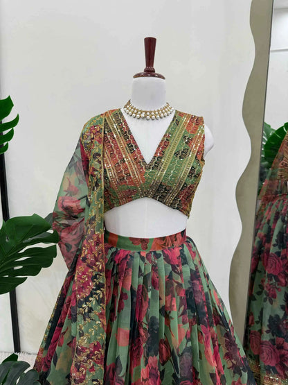 Greyish Green Floral Print With Embroidery Work Lehenga And Dupatta