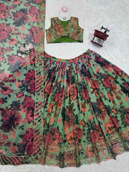 Greyish Green Floral Print With Embroidery Work Lehenga And Dupatta