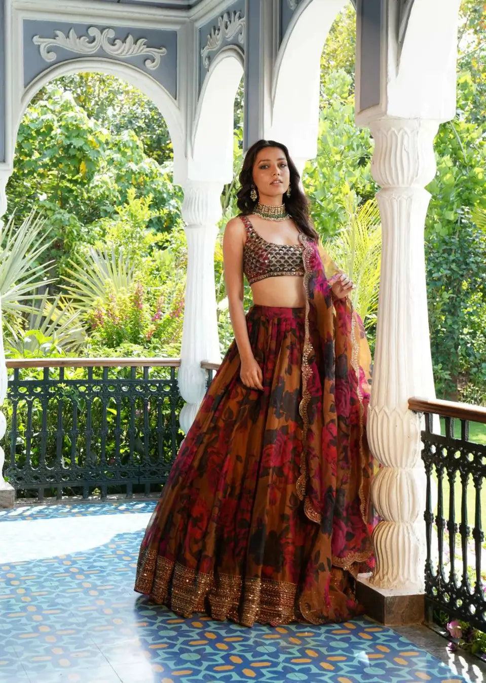 Brownish Yellow Floral Print With Embroidery Work Lehenga And Dupatta