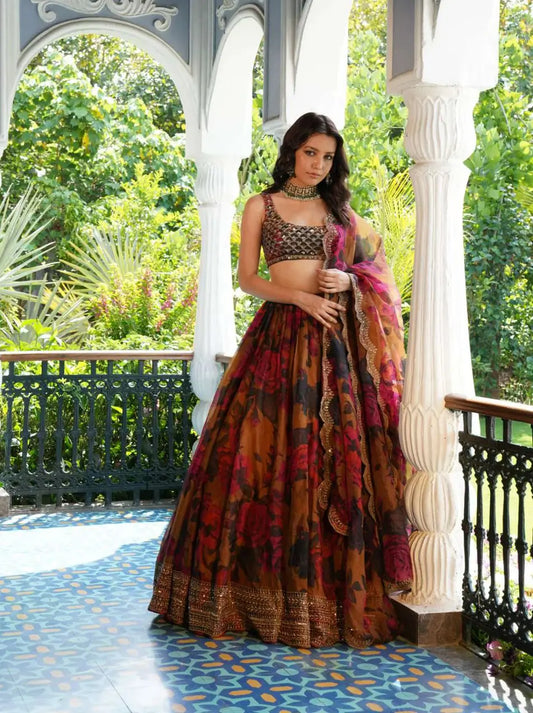 Brownish Yellow Floral Print With Embroidery Work Lehenga And Dupatta