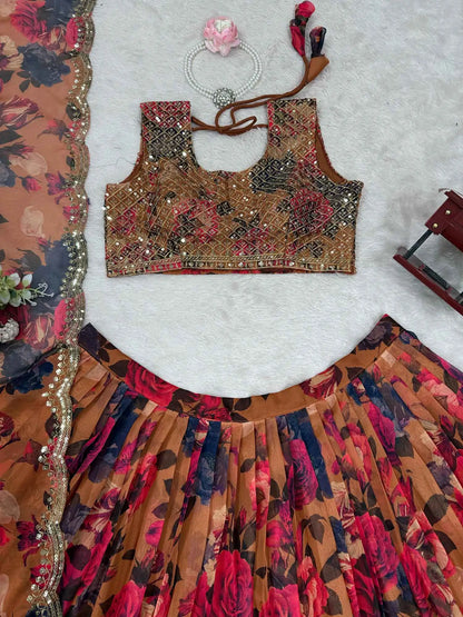 Brownish Yellow Floral Print With Embroidery Work Lehenga And Dupatta