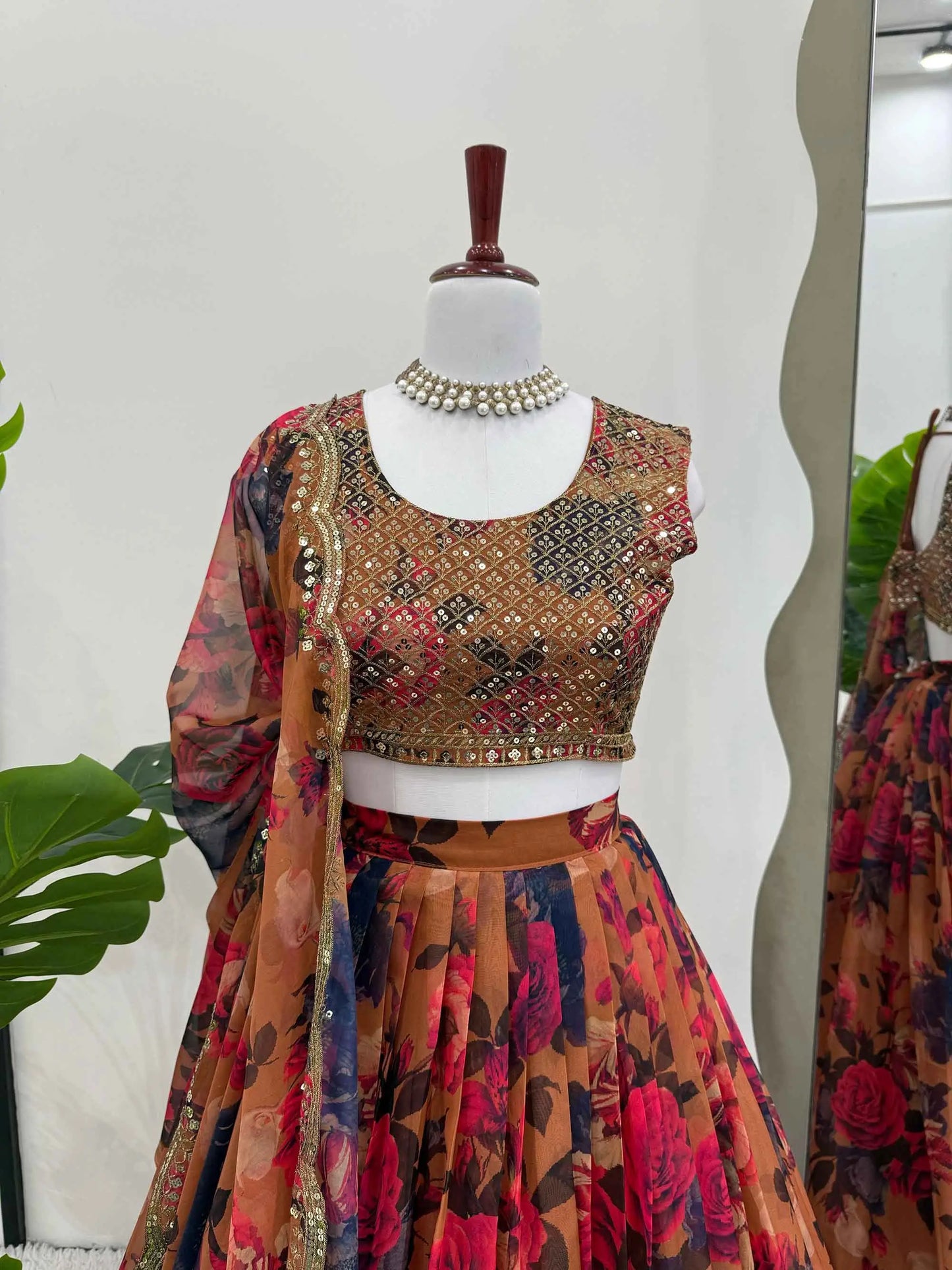 Brownish Yellow Floral Print With Embroidery Work Lehenga And Dupatta