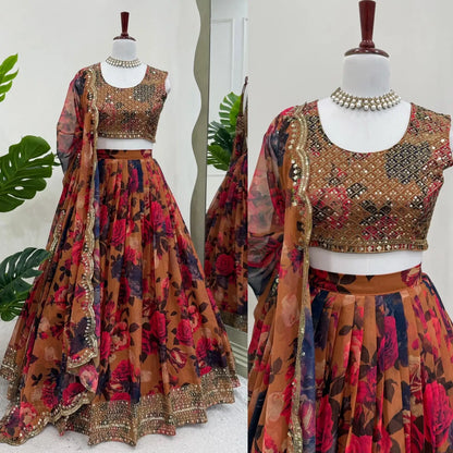 Brownish Yellow Floral Print With Embroidery Work Lehenga And Dupatta