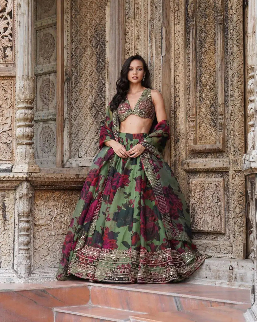 Greyish Green Floral Print With Embroidery Work Lehenga And Dupatta
