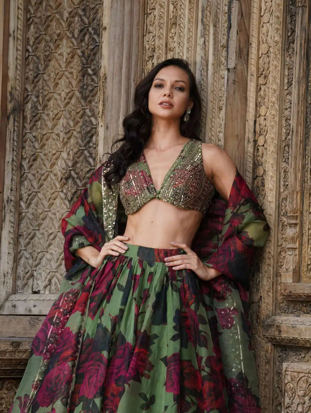 Greyish Green Floral Print With Embroidery Work Lehenga And Dupatta