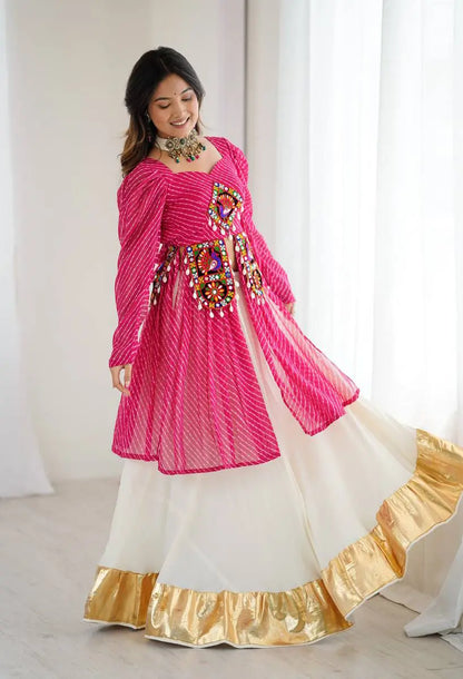Pink Laheriya Print Gamthi Patch Work Kediya Style Navratri Lehenga