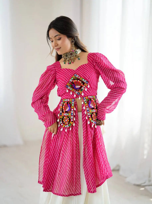 Pink Laheriya Print Gamthi Patch Work Kediya Style Navratri Lehenga