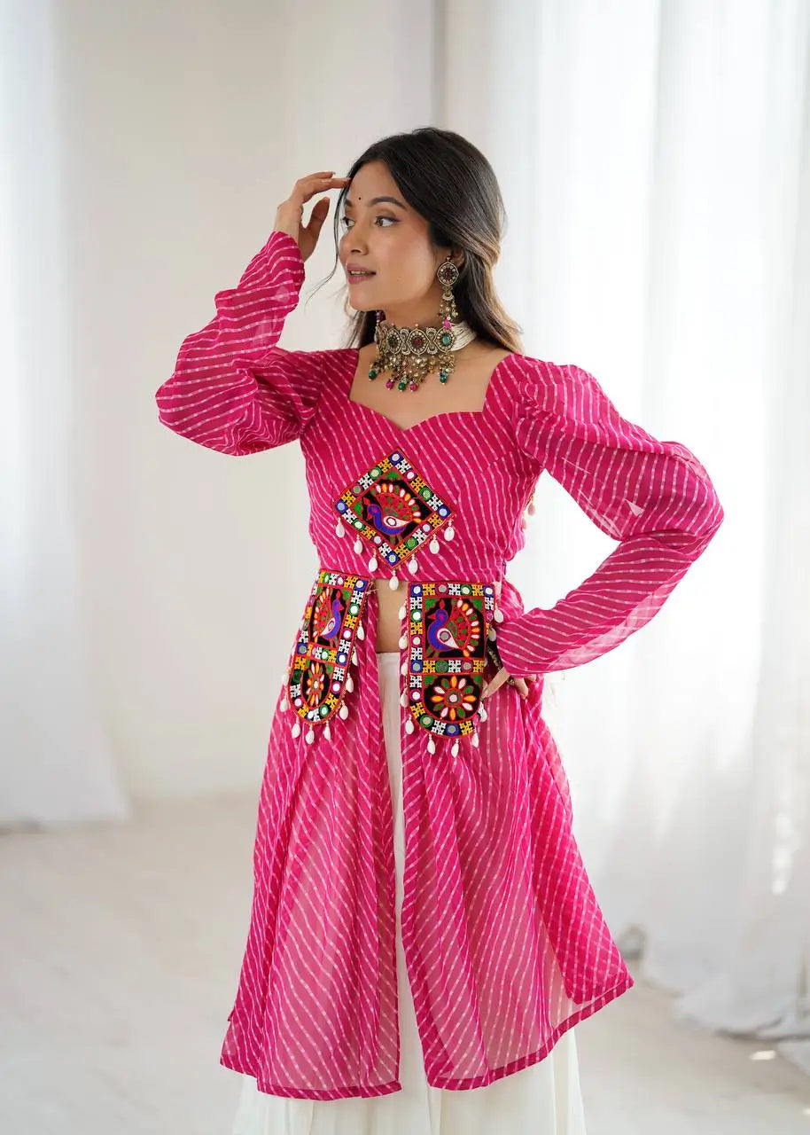 Pink Laheriya Print Gamthi Patch Work Kediya Style Navratri Lehenga