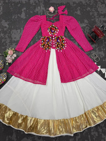 Pink Laheriya Print Gamthi Patch Work Kediya Style Navratri Lehenga