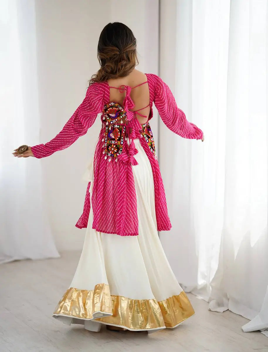 Pink Laheriya Print Gamthi Patch Work Kediya Style Navratri Lehenga