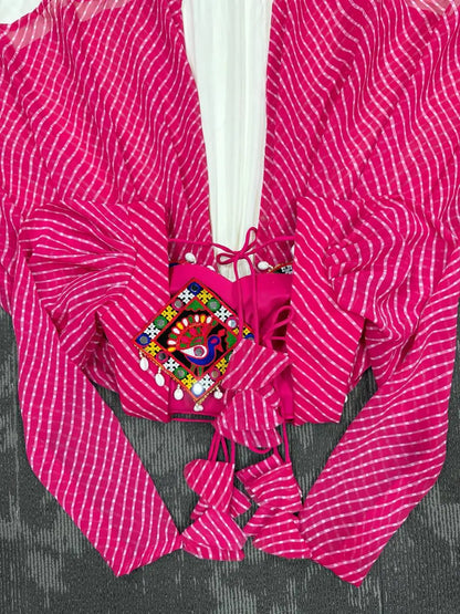 Pink Laheriya Print Gamthi Patch Work Kediya Style Navratri Lehenga