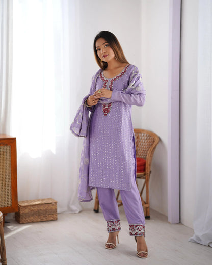 Lavender Designer Sequins Embroidery Work Salwar Suit With Dupatta