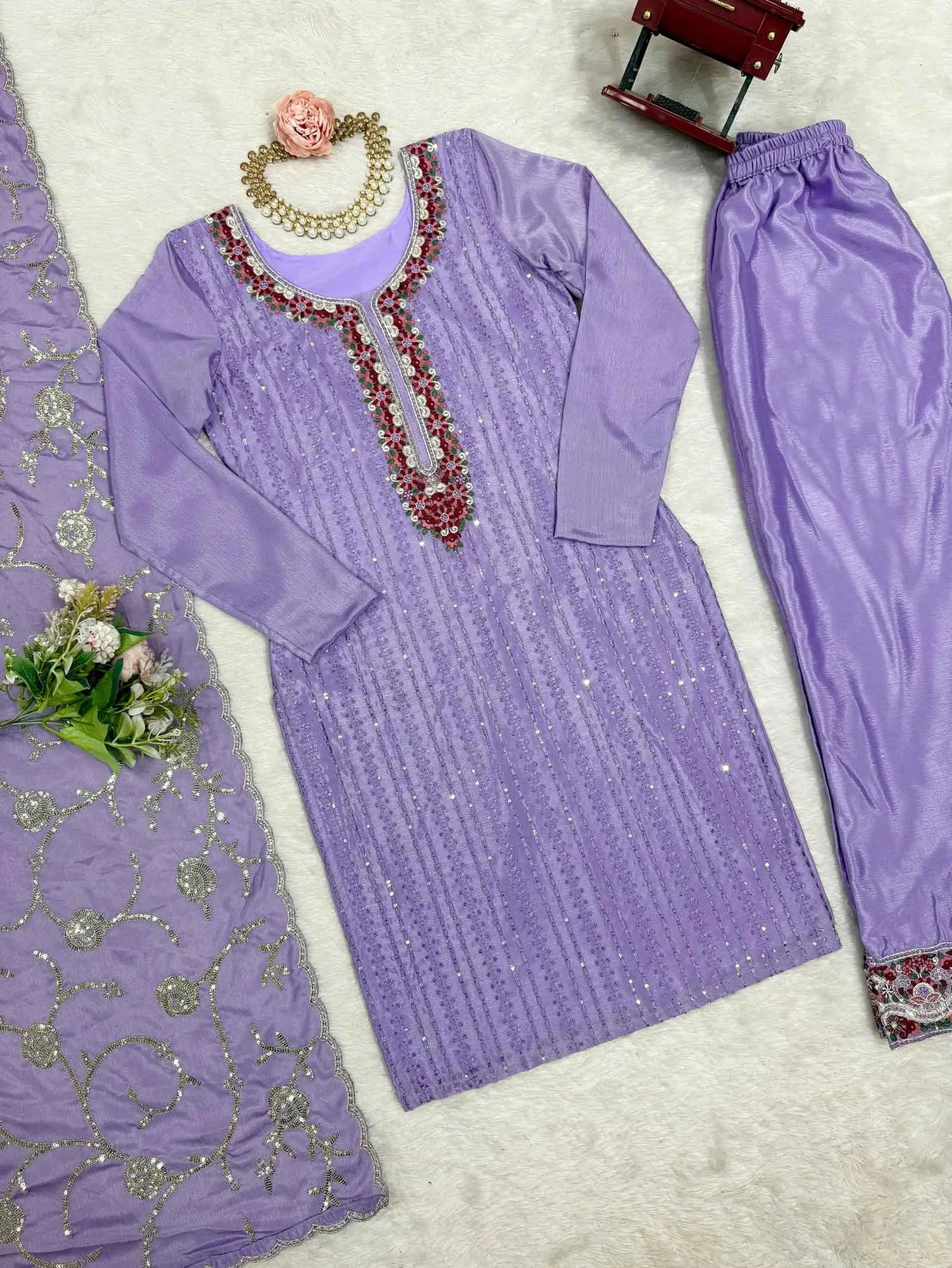 Lavender Designer Sequins Embroidery Work Salwar Suit With Dupatta