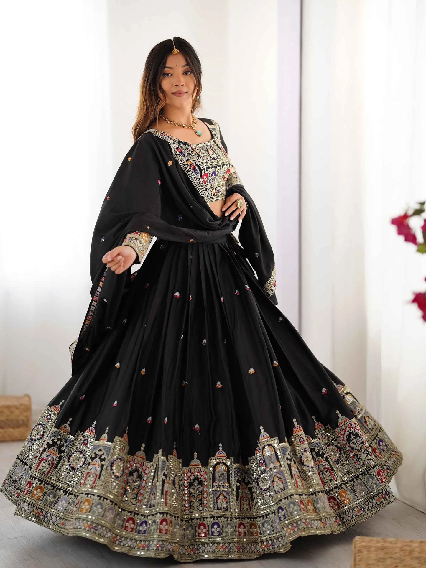 Beautiful Black Cording Dori Embroidery Work Lehenga With Dupatta