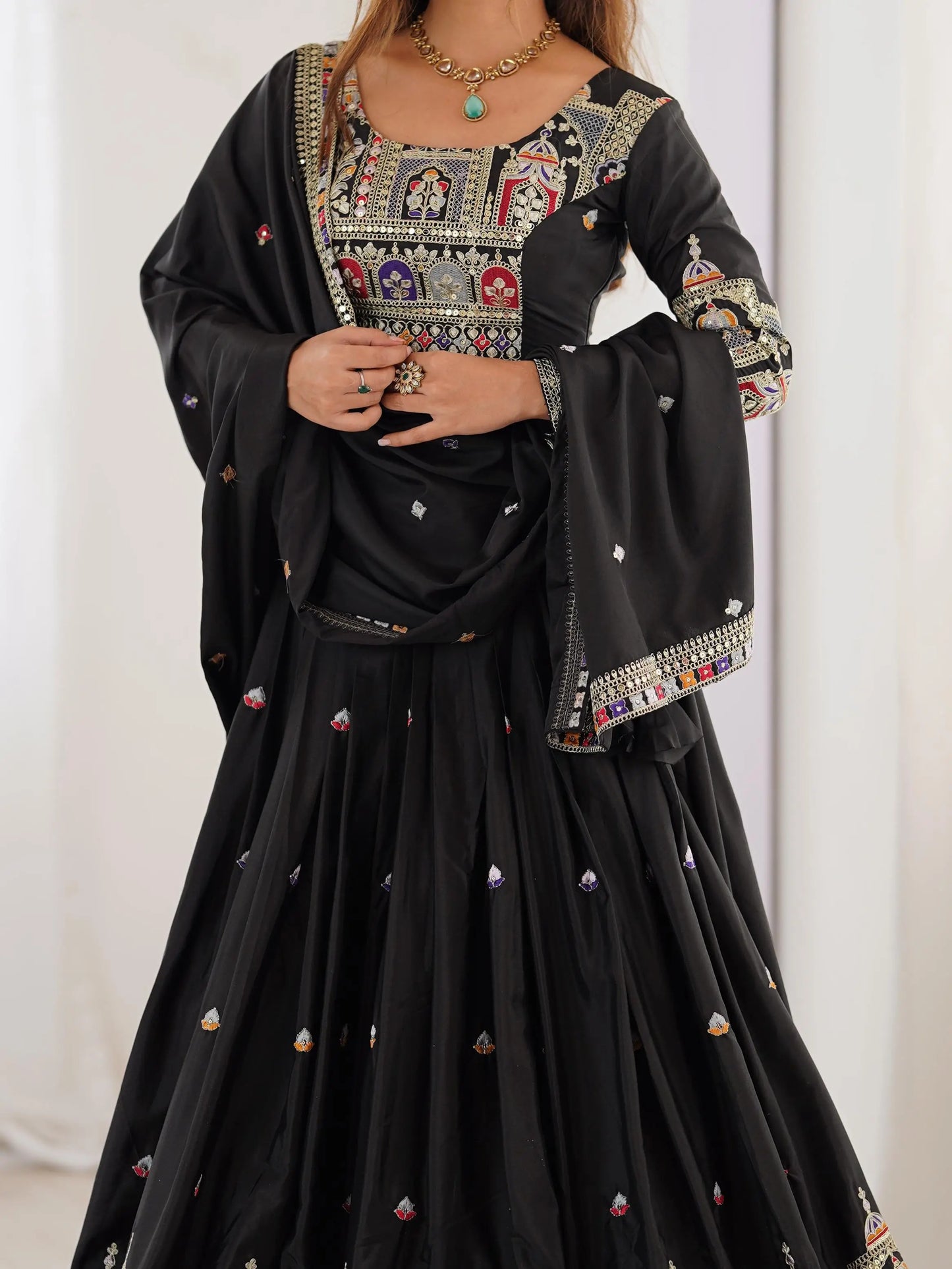 Beautiful Black Cording Dori Embroidery Work Lehenga With Dupatta