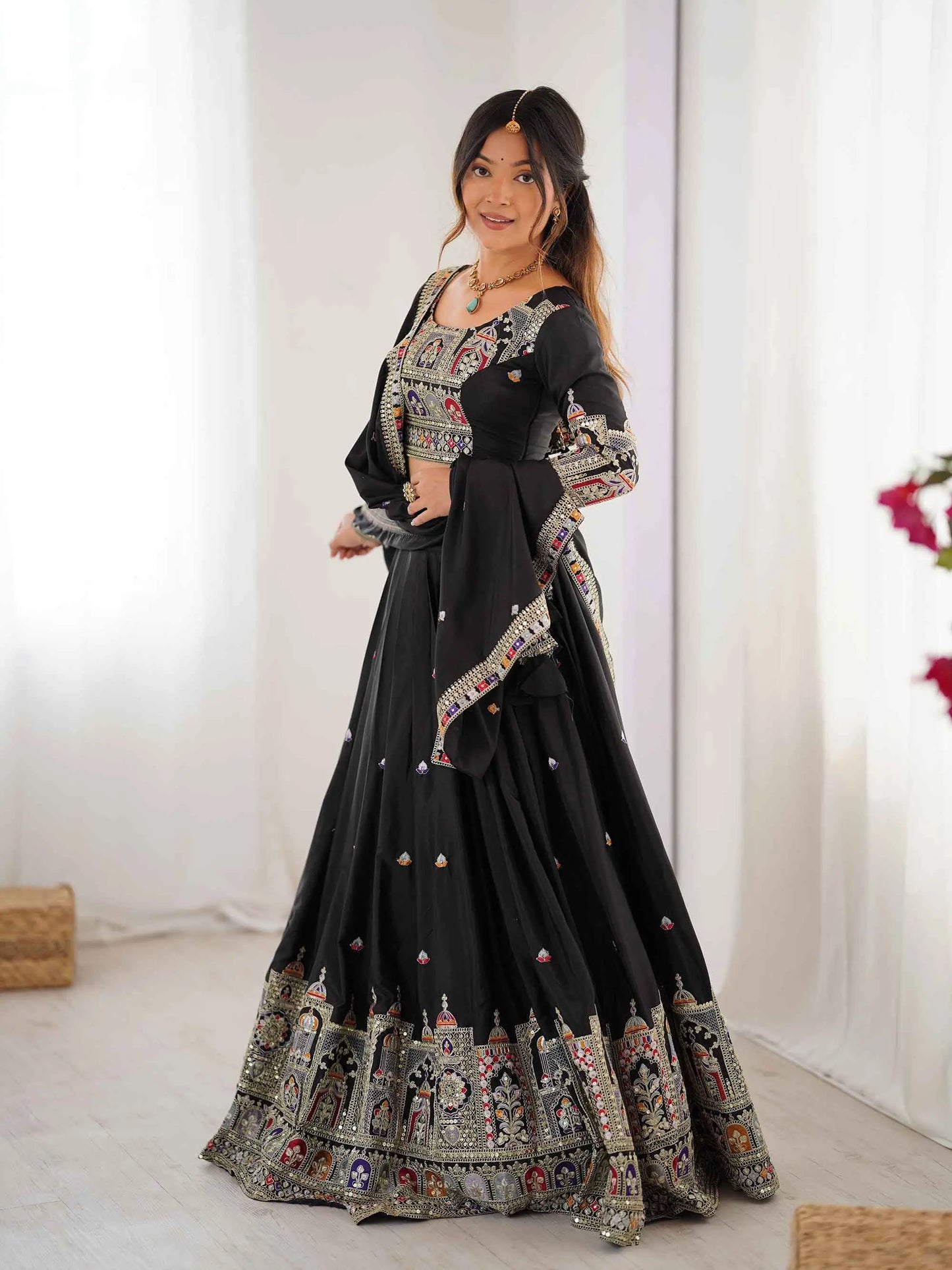 Beautiful Black Cording Dori Embroidery Work Lehenga With Dupatta