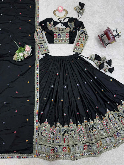 Beautiful Black Cording Dori Embroidery Work Lehenga With Dupatta