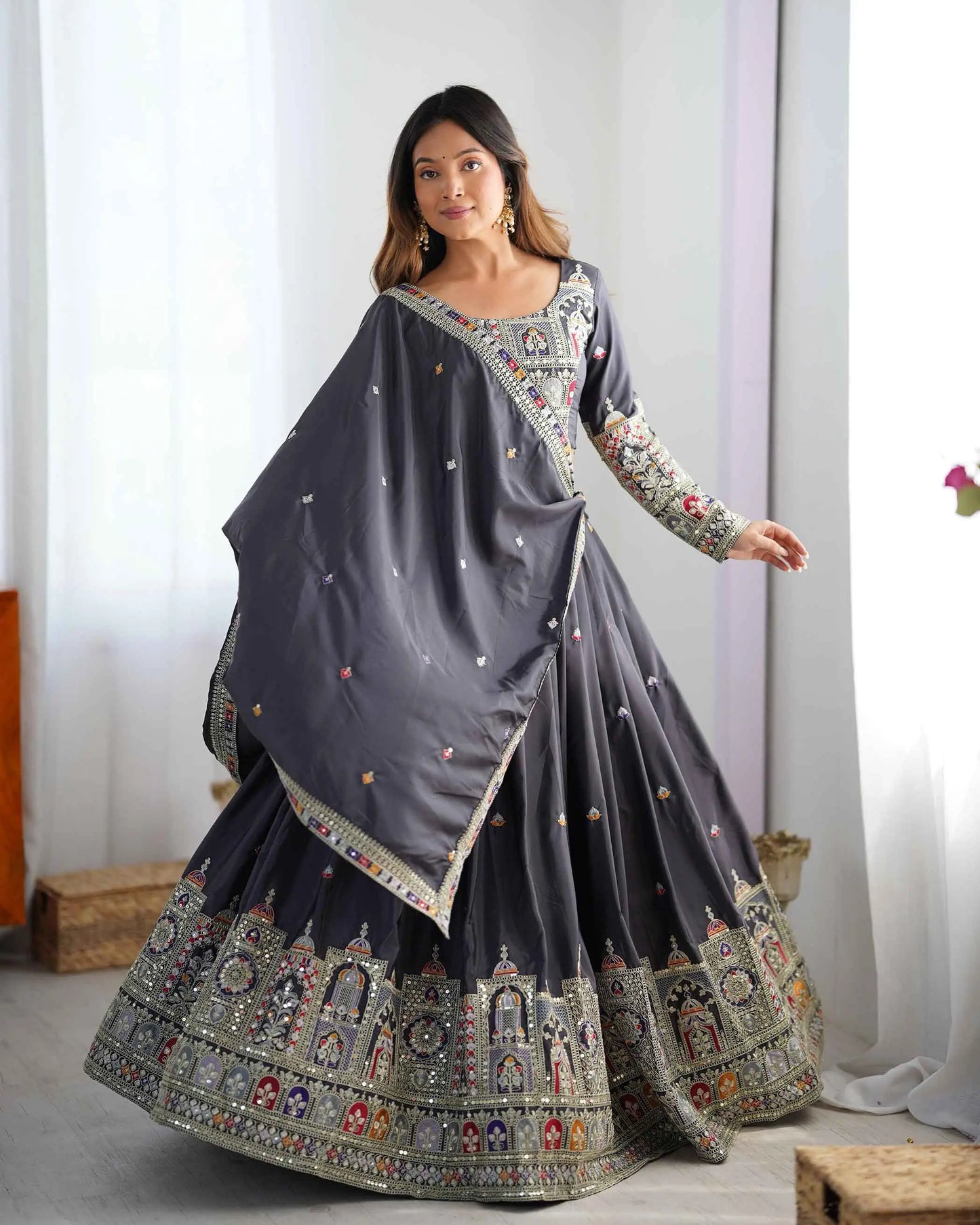 Dark Black Grey Cording Dori Embroidery Work Lehenga With Dupatta