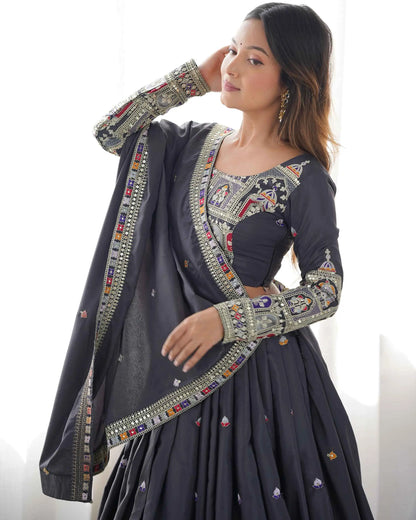 Dark Black Grey Cording Dori Embroidery Work Lehenga With Dupatta