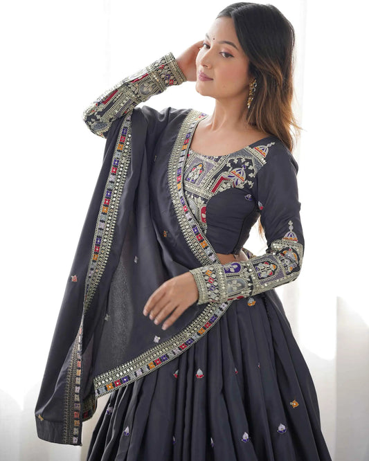 Dark Black Grey Cording Dori Embroidery Work Lehenga With Dupatta