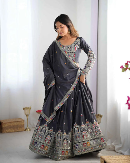Dark Black Grey Cording Dori Embroidery Work Lehenga With Dupatta