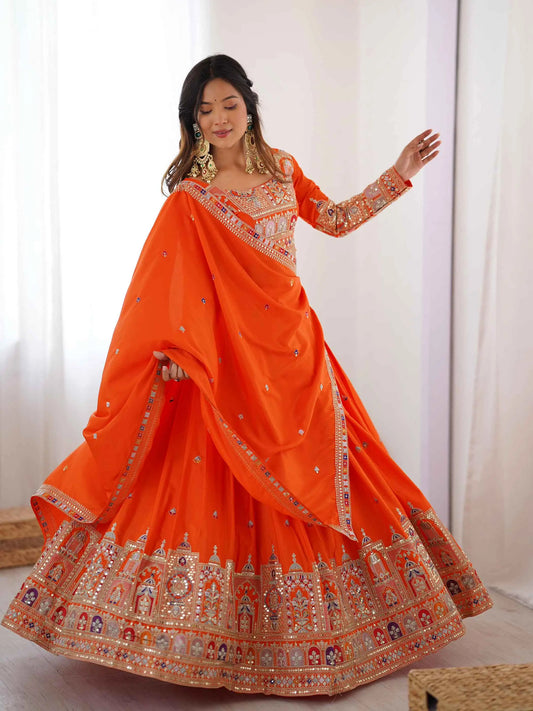 Deep Orange Cording Dori Embroidery Work Lehenga With Dupatta