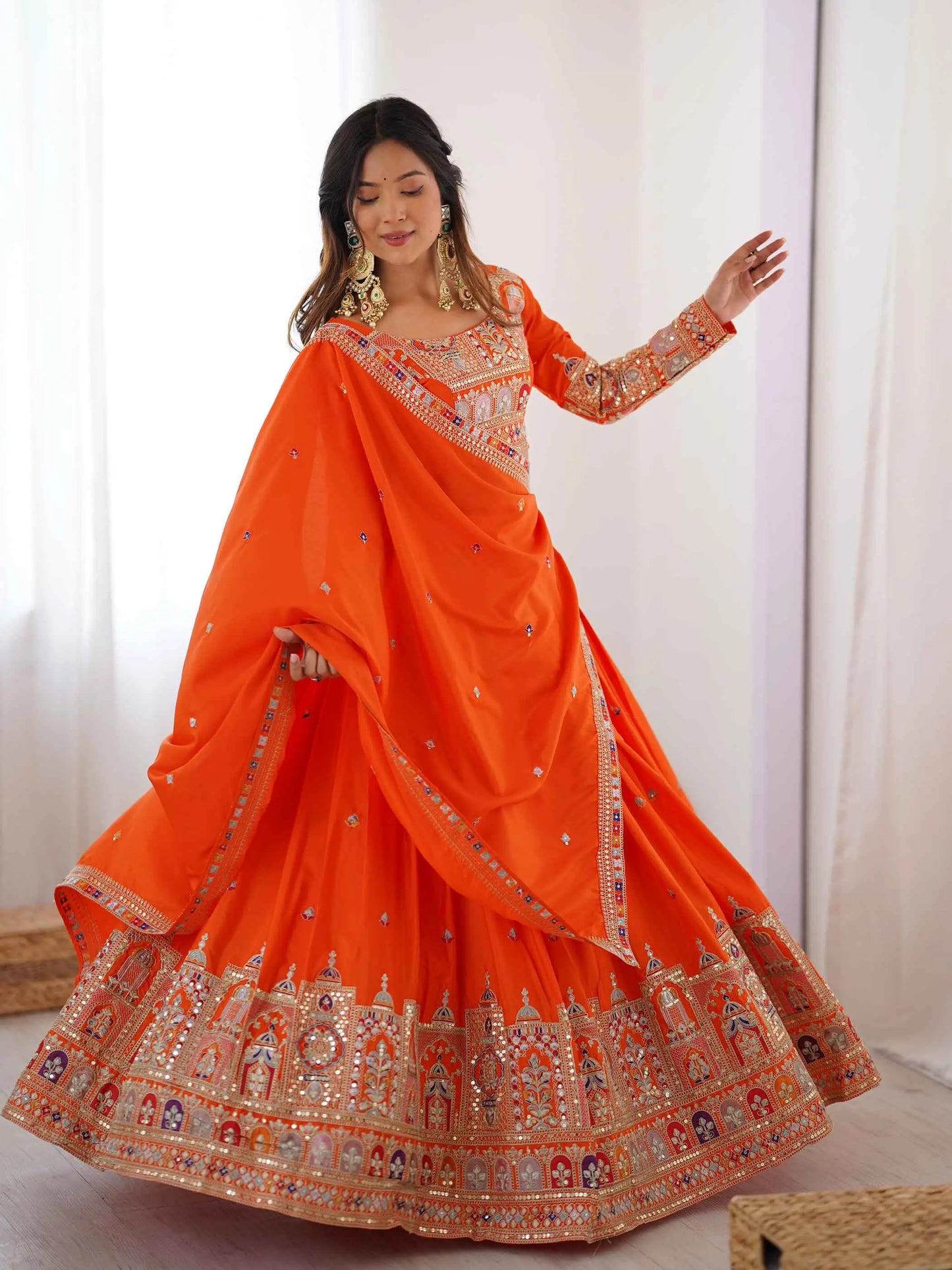 Deep Orange Cording Dori Embroidery Work Lehenga With Dupatta