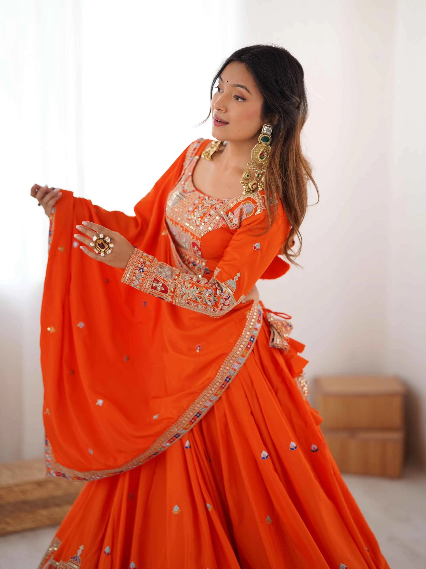 Deep Orange Cording Dori Embroidery Work Lehenga With Dupatta
