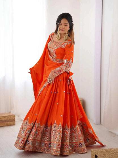 Deep Orange Cording Dori Embroidery Work Lehenga With Dupatta