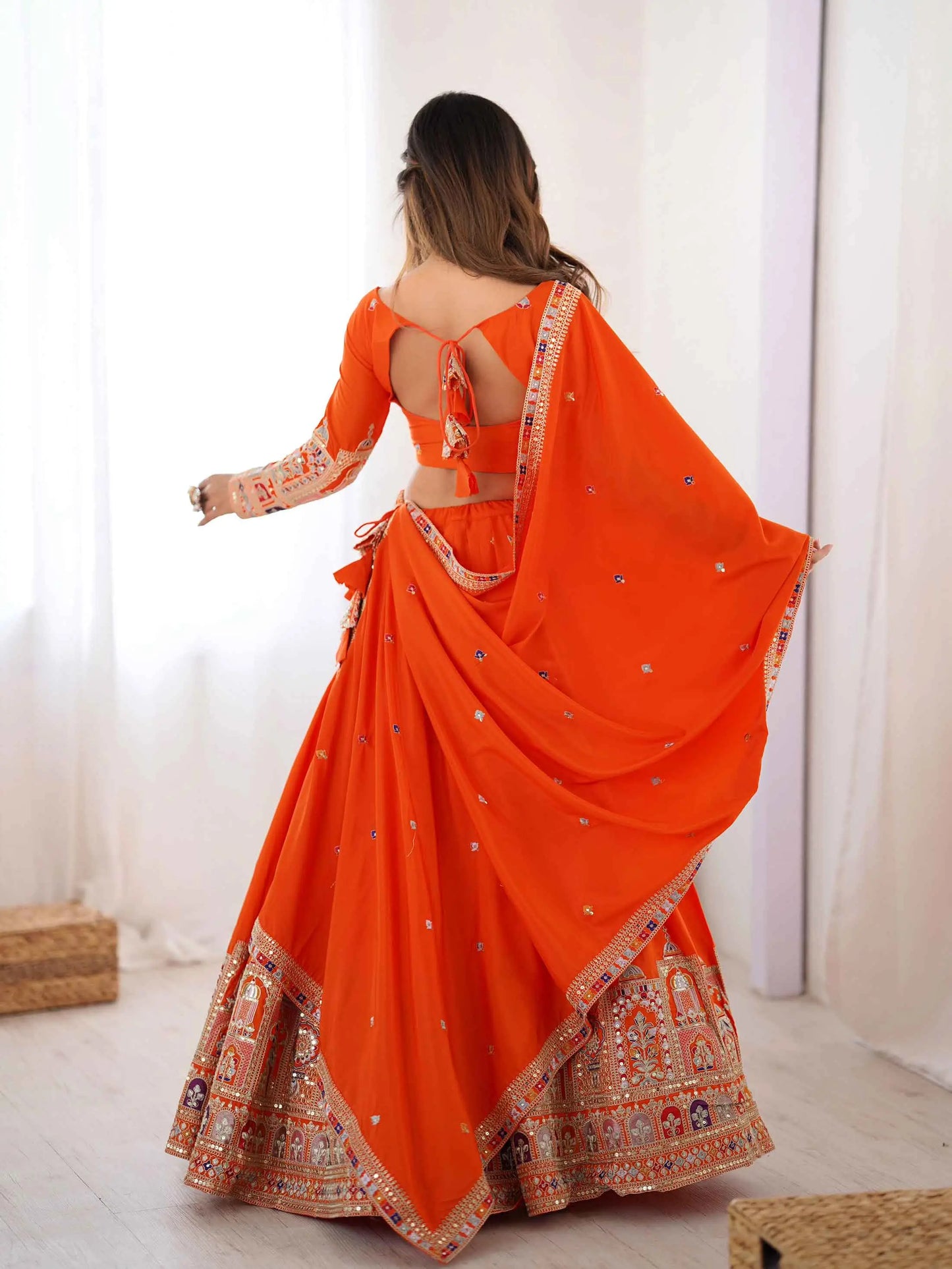 Deep Orange Cording Dori Embroidery Work Lehenga With Dupatta
