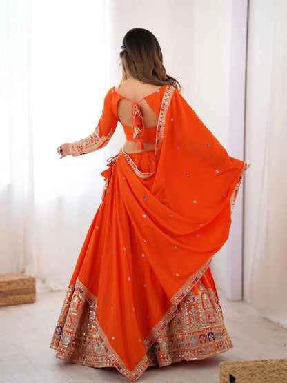 Deep Orange Cording Dori Embroidery Work Lehenga With Dupatta