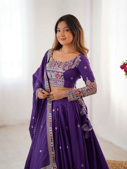 Pretty Purple Cording Dori Embroidery Work Lehenga With Dupatta