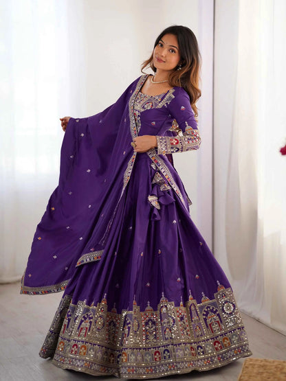 Pretty Purple Cording Dori Embroidery Work Lehenga With Dupatta