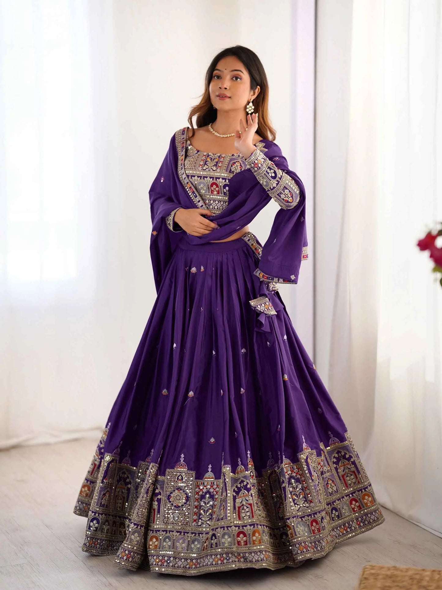 Pretty Purple Cording Dori Embroidery Work Lehenga With Dupatta