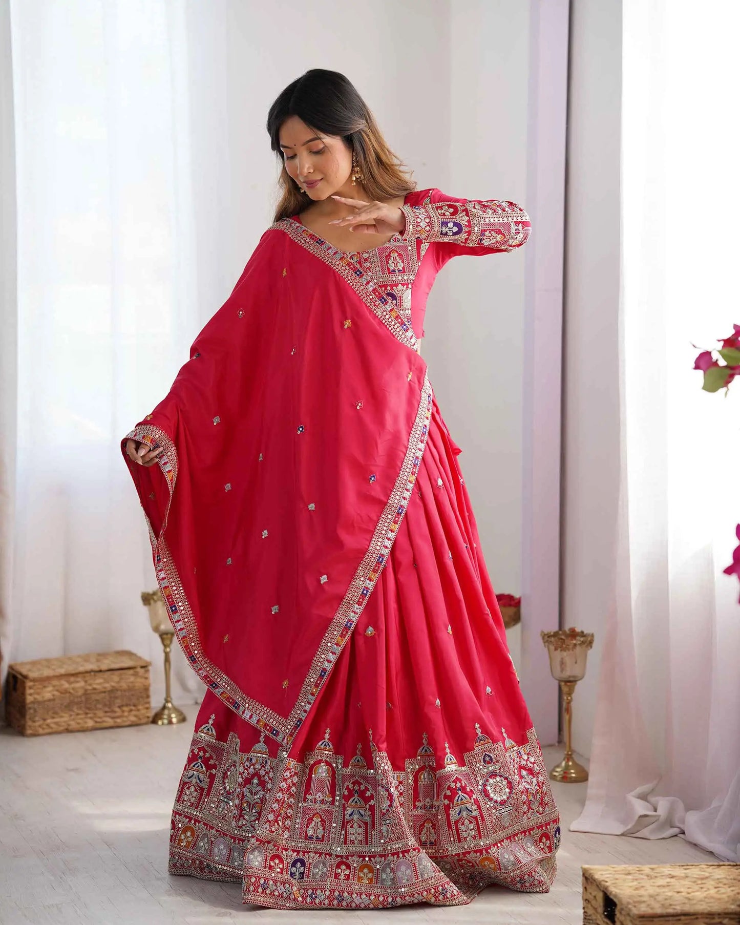 Paprika Red Cording Dori Embroidery Work Lehenga With Dupatta
