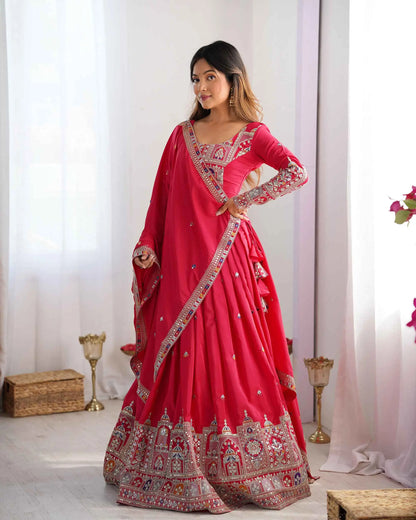 Paprika Red Cording Dori Embroidery Work Lehenga With Dupatta