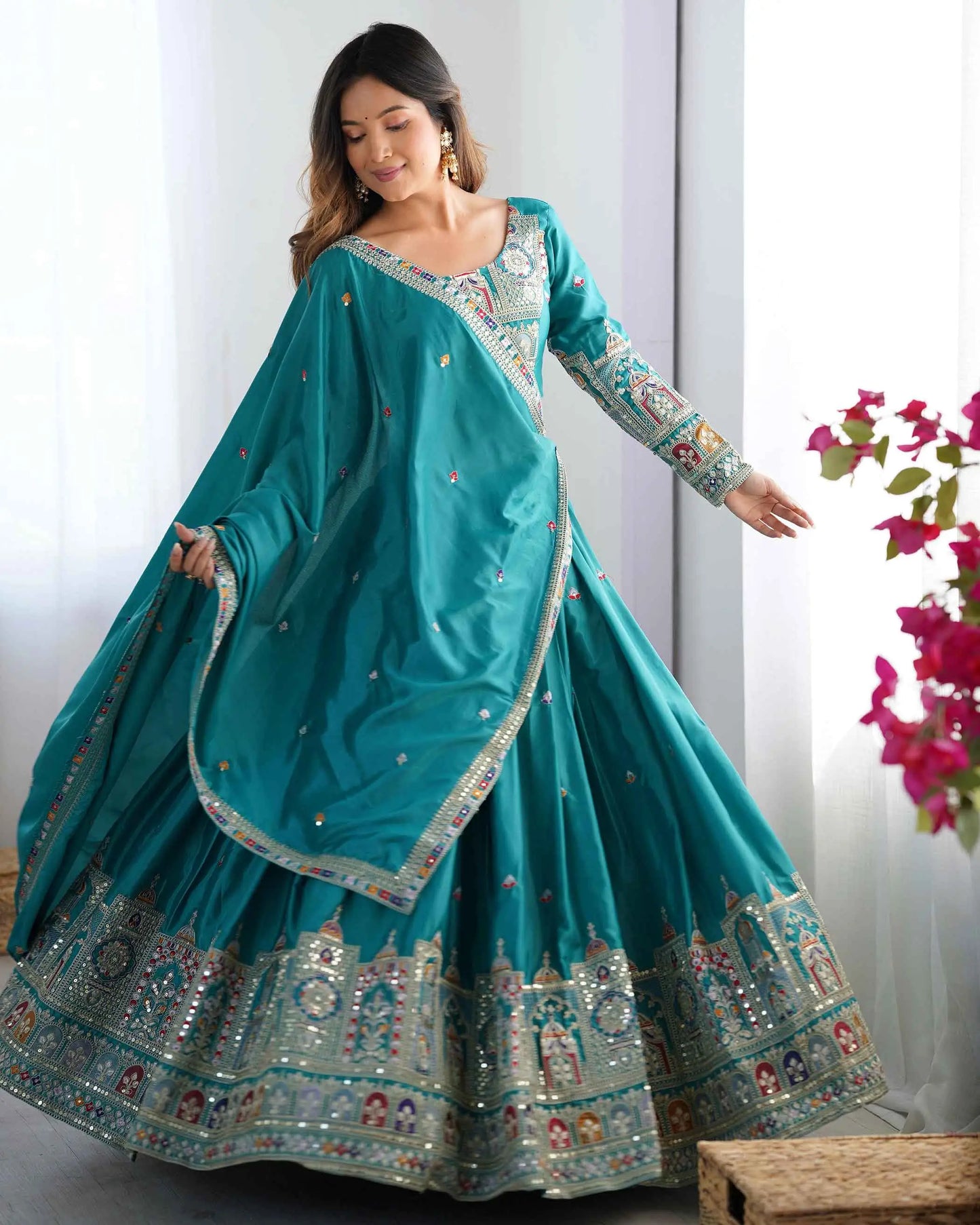 Dark Teal Blue Cording Dori Embroidery Work Lehenga With Dupatta