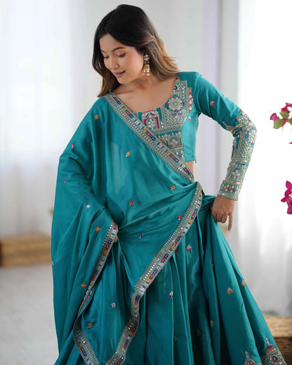 Dark Teal Blue Cording Dori Embroidery Work Lehenga With Dupatta