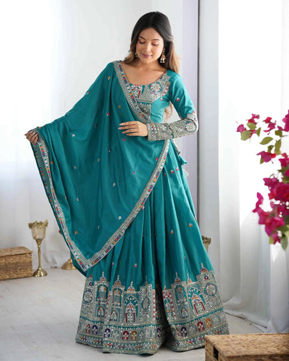 Dark Teal Blue Cording Dori Embroidery Work Lehenga With Dupatta
