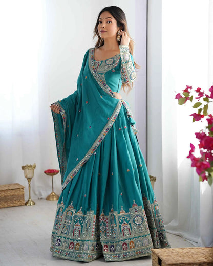 Dark Teal Blue Cording Dori Embroidery Work Lehenga With Dupatta