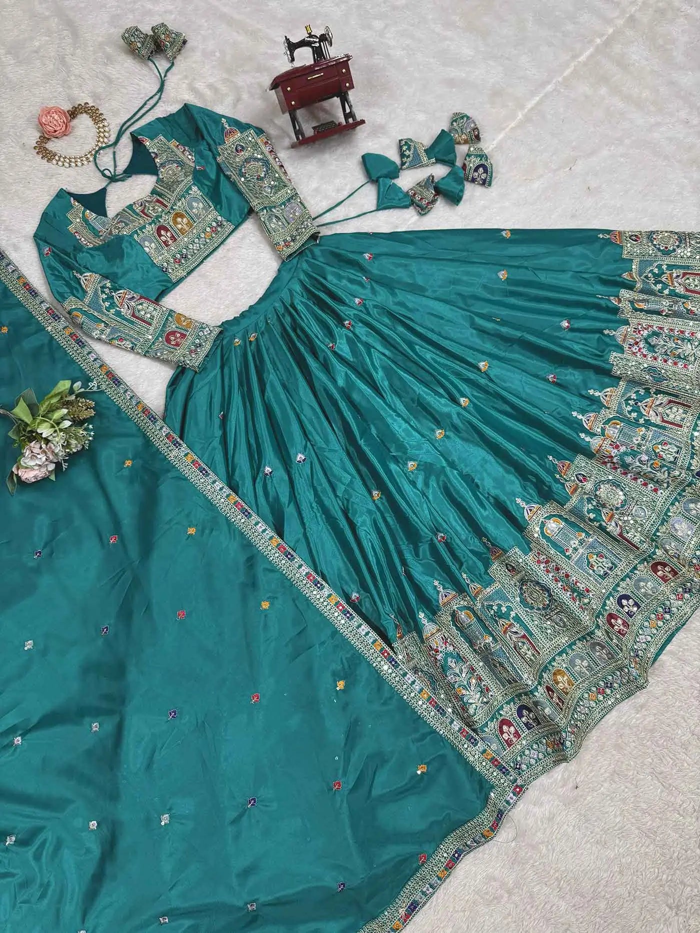 Dark Teal Blue Cording Dori Embroidery Work Lehenga With Dupatta