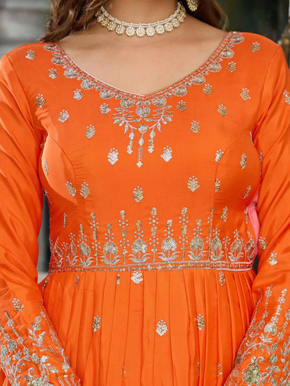 Fanta Orange Silk Gown With Sequins Embroidery Work And Dupatta