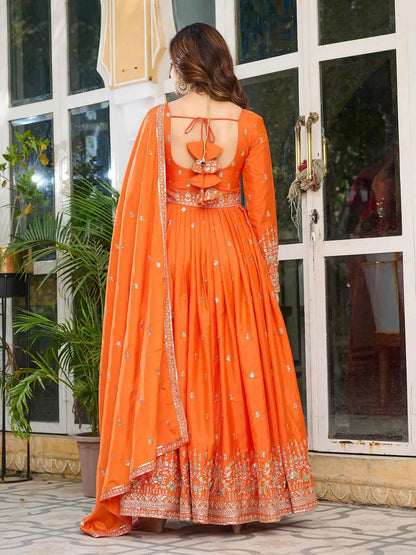 Fanta Orange Silk Gown With Sequins Embroidery Work And Dupatta