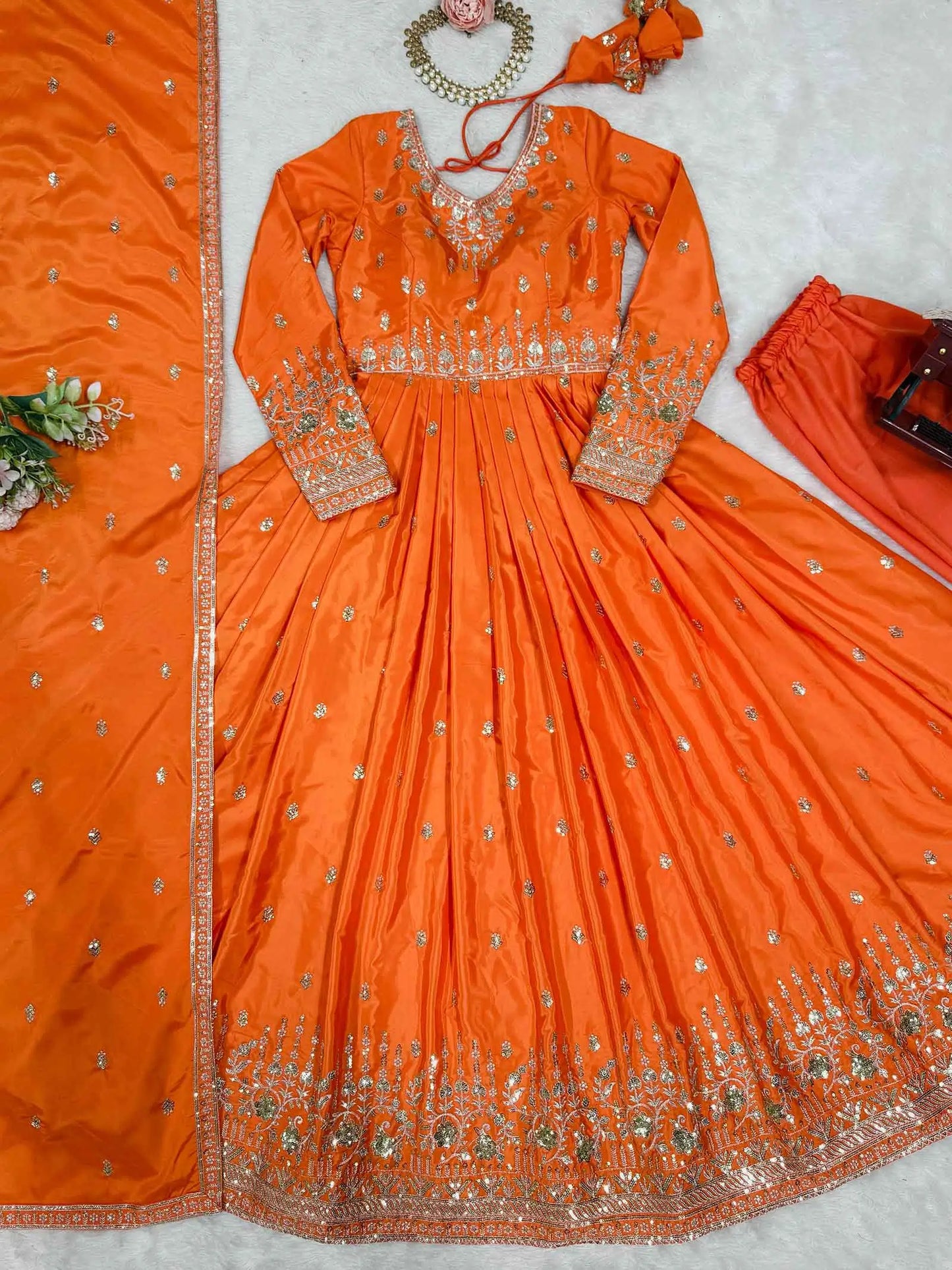 Fanta Orange Silk Gown With Sequins Embroidery Work And Dupatta