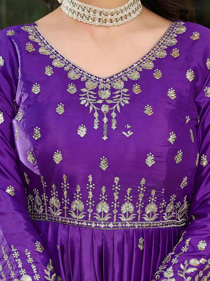 Purple Silk Gown With Sequins Embroidery Work And Dupatta